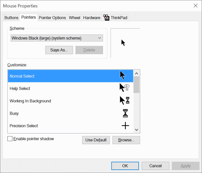 Changer la taille et la couleur du pointeur de la souris dans Windows 10 étape 5