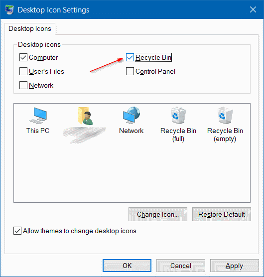 Ajouter l'icône de la corbeille au bureau Windows 10 Étape 3