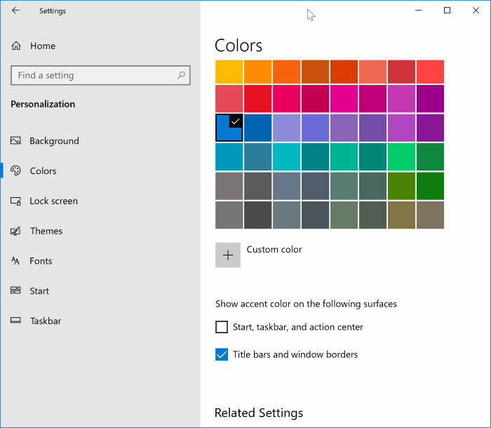 affiche la couleur sur la barre de titre de la barre des tâches de Windows 10