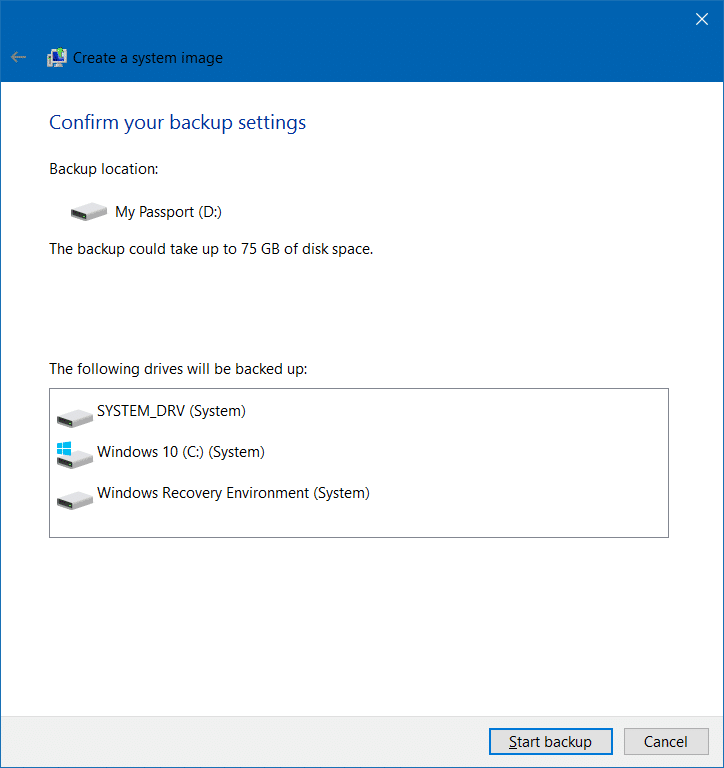 Créer une sauvegarde d'image système dans Windows 10, étape 6