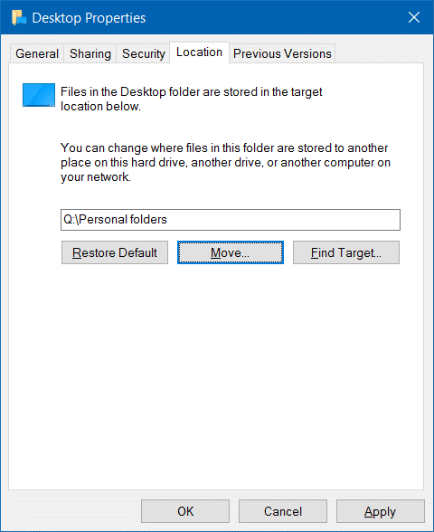 Déplacer les téléchargements et les dossiers du bureau vers un autre lecteur à l'étape 5 de Windows 10