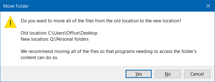 Déplacer les téléchargements et les dossiers du bureau vers un autre lecteur à l'étape 6 de Windows 10