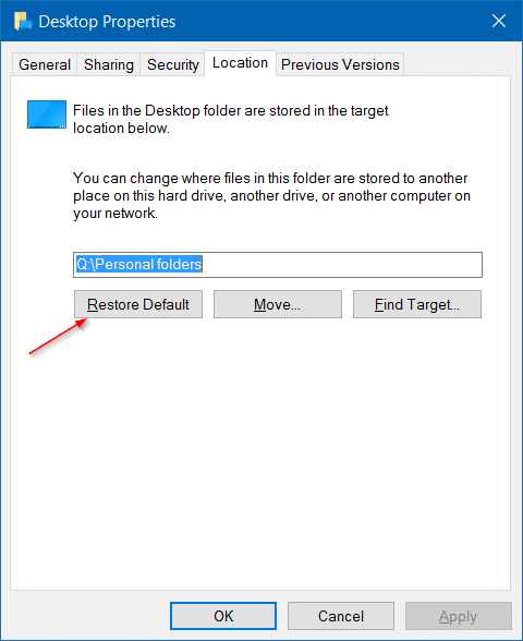 Déplacer les téléchargements et les dossiers du bureau vers un autre lecteur à l'étape 9 de Windows 10