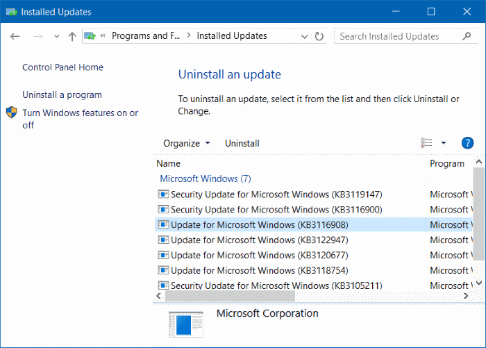 Désinstaller une mise à jour dans Windows 10 étape 4