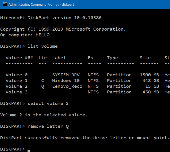 Masquer la partition de récupération dans Windows 10 step8