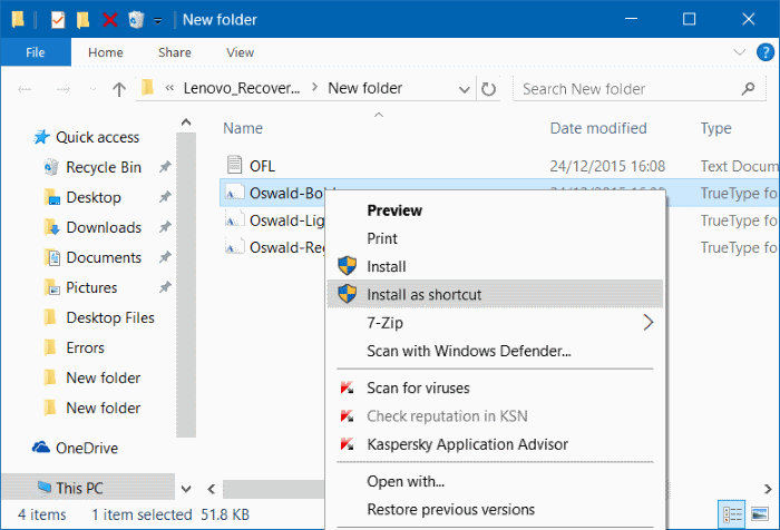 installer les polices comme raccourci dans Windows 10 étape 5