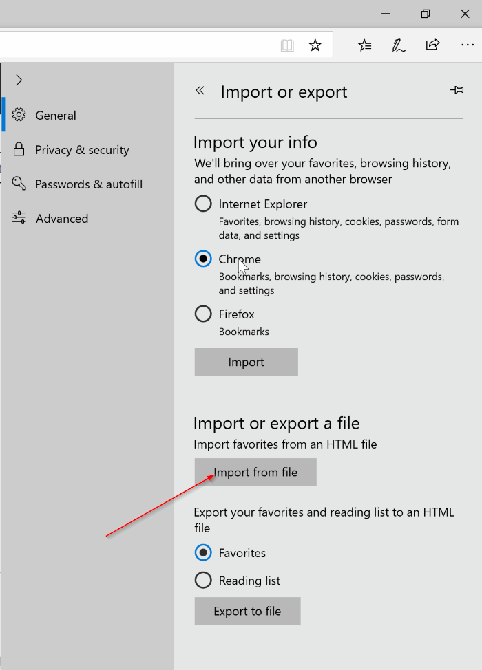 importer des signets d'exportation vers le navigateur Edge dans Windows 10 pic4
