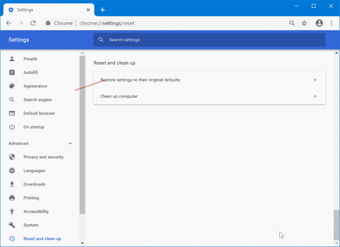 réinitialiser Google Chrome aux paramètres par défaut dans Windows 10 pic2
