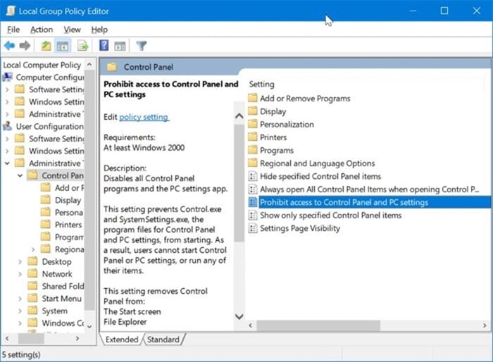 activer ou désactiver les paramètres et le panneau de configuration dans Windows 10 pic2