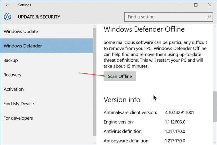 utiliser l'analyse hors ligne de Windows Defender dans Windows 10 étape 3