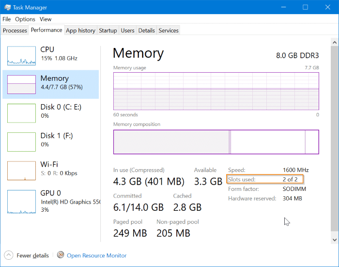 Emplacements RAM utilisés et vides dans l'ordinateur portable Windows 10 pic1