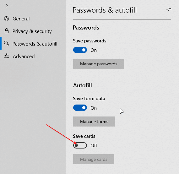 empêcher Edge d'enregistrer les informations de carte de crédit dans Windows 10 pic4