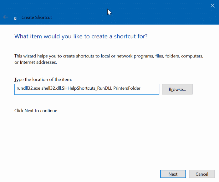 créer un raccourci sur le bureau pour le dossier de l'imprimante dans Windows 10 pic2
