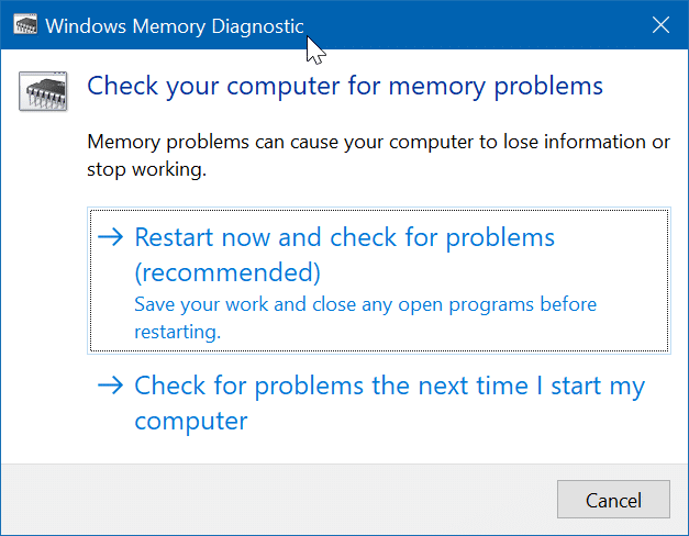 Exécutez le test de diagnostic de la mémoire dans Windows 10 pic1