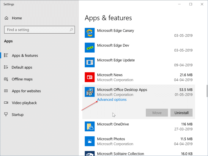 restaurer et réparer les applications Office 365 dans Windows 10 pic2