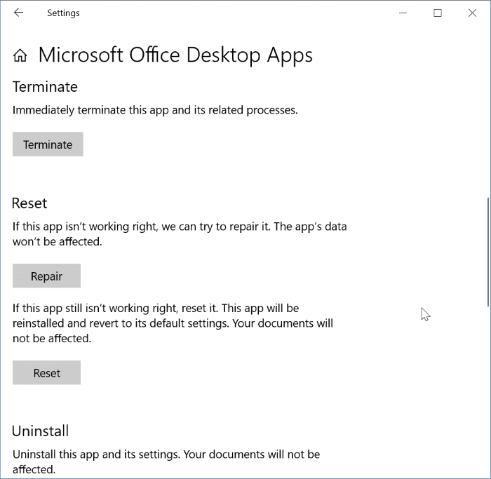 restaurer et réparer les applications Office 365 dans Windows 10 pic3