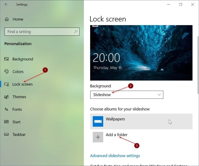 définir le diaporama de l'écran de verrouillage avec des images personnalisées dans Windows 10 pic1