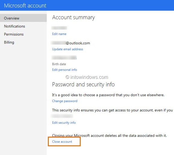 Supprimer ou fermer le compte Outlook.com Étape 2
