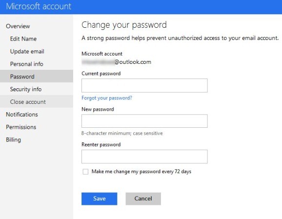 Changer le mot de passe du compte Outlook Step2