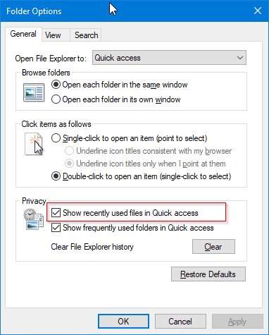 accès rapide ne montrant pas les fichiers récents dans Windows 10 pic2