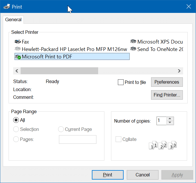 Microsoft Print to PDF sur Windows 10