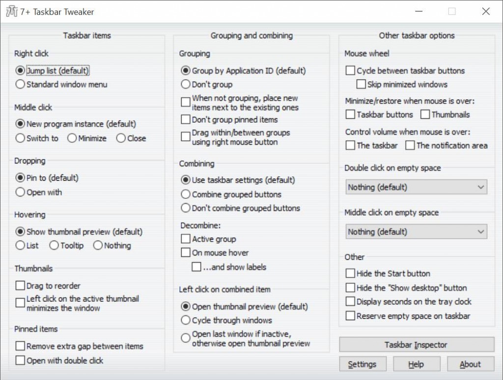 7+ Tweaker de la barre des tâches pour Windows 10