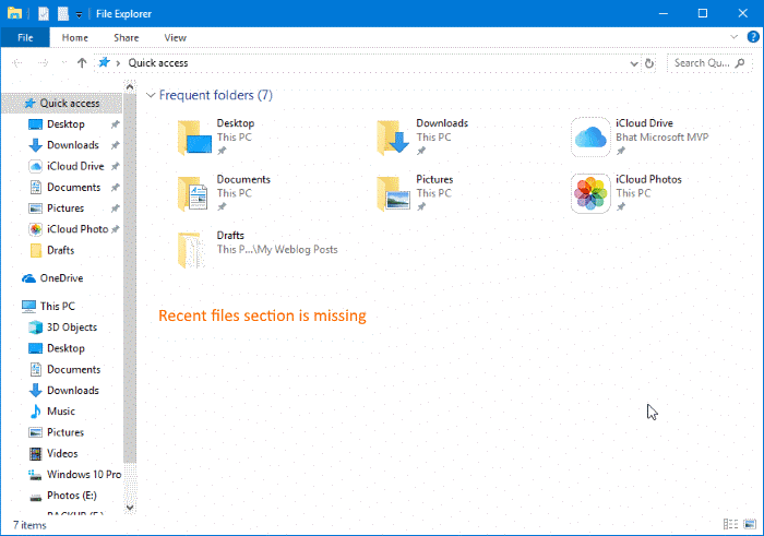 Accès rapide qui n’affiche pas les fichiers récents dans Windows 10