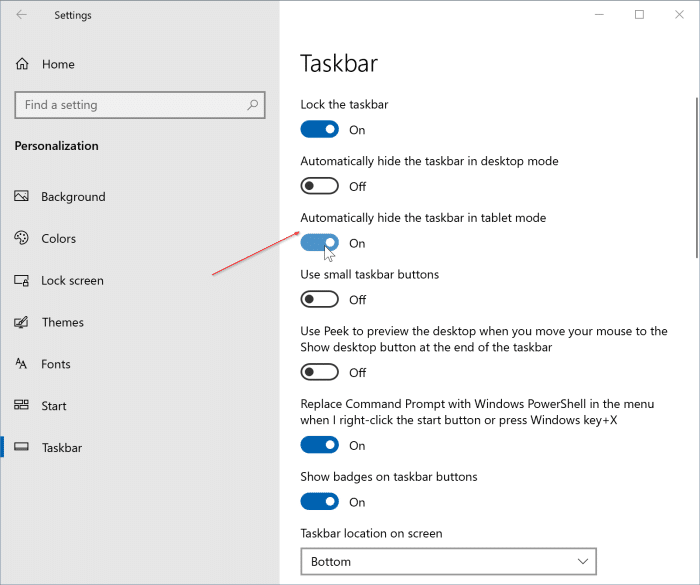 Masque automatiquement la barre des tâches en mode tablette sous Windows 10