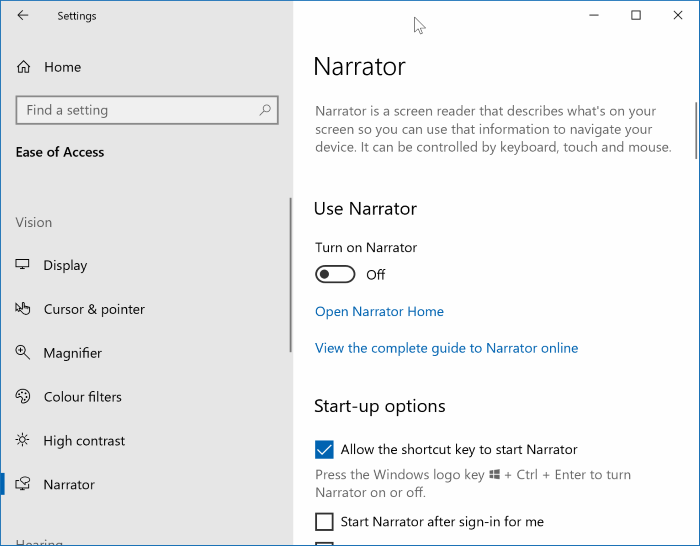 désactiver le narrateur dans Windows 10