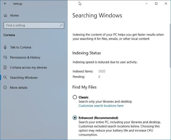 activer ou désactiver le mode avancé pour l'indexeur de recherche dans Windows 10 pic01