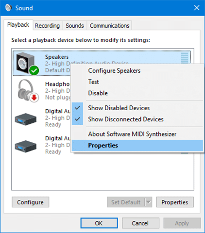 activer ou désactiver les améliorations audio dans Windows 10 pic2