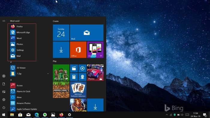 activer ou désactiver les applications les plus utilisées dans le menu Démarrer de Windows 10