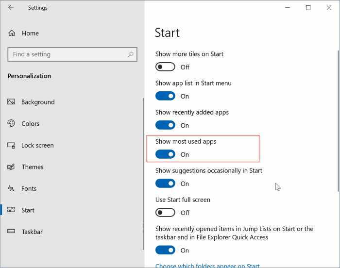 activer ou désactiver les applications les plus utilisées dans Windows 10 Démarrer