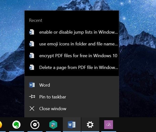 activer ou désactiver les listes de raccourcis dans Windows 10 pic1