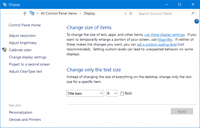 Advanced sizing of text and other items Windows 10 Creators Update