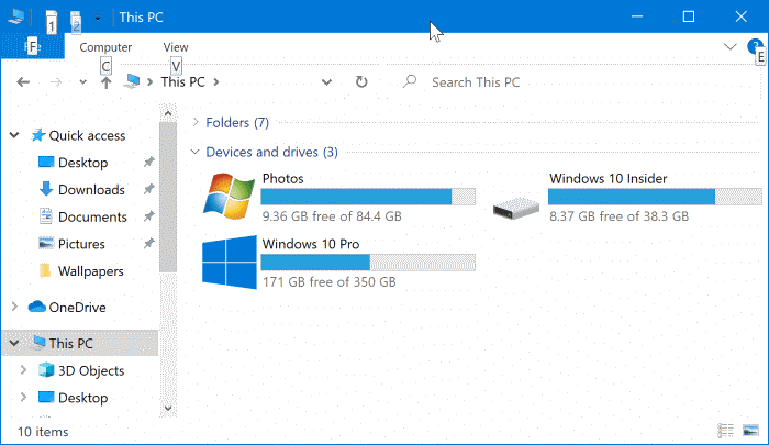 afficher ou masquer les lettres de lecteur dans l'explorateur de fichiers Windows 10 pic1