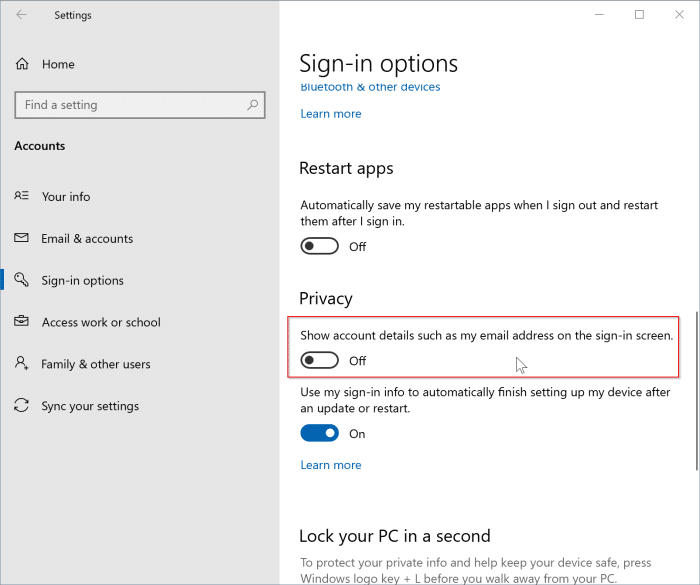 afficher ou masquer l'adresse e-mail sur l'écran de connexion dans Windows 10