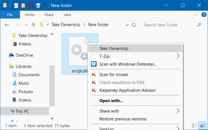 Ajouter Prendre possession au menu contextuel de Windows 10