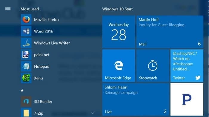 épingler un compte de messagerie individuel pour lancer le menu d'images de Windows 10