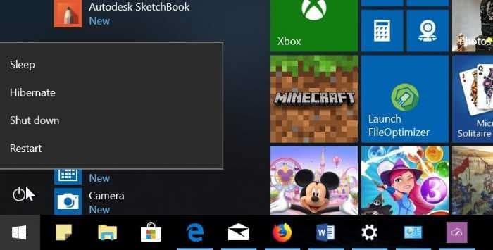 ajouter l'option de mise en veille prolongée au menu d'alimentation dans Windows 10 Démarrer pic1