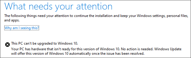 ce PC ne peut pas être mis à niveau vers Windows 10