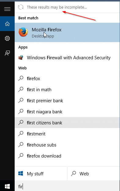 Ces résultats peuvent être un message incomplet dans le menu Démarrer de Windows 10