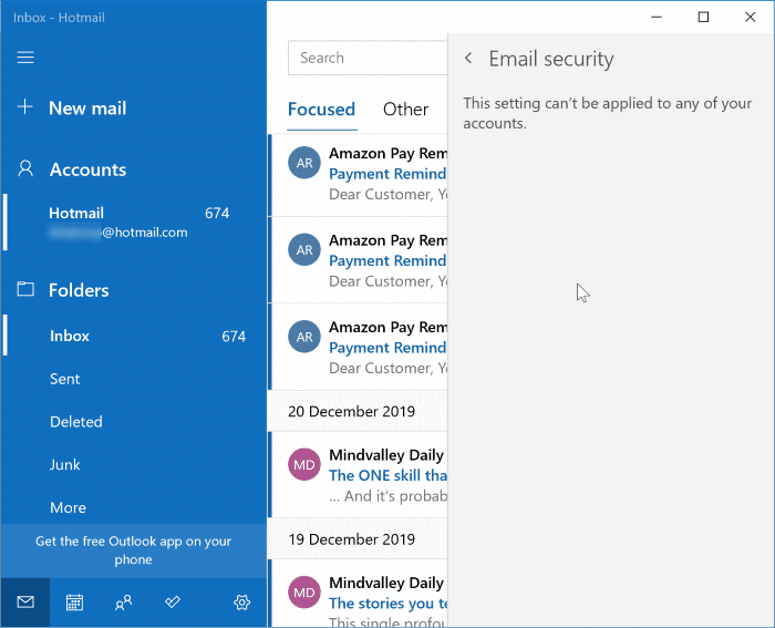 sécurité des e-mails dans l'application de messagerie windows 10 pic2
