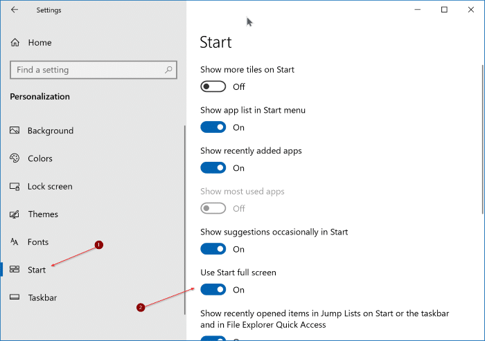 activer le menu de démarrage en plein écran dans Windows 10