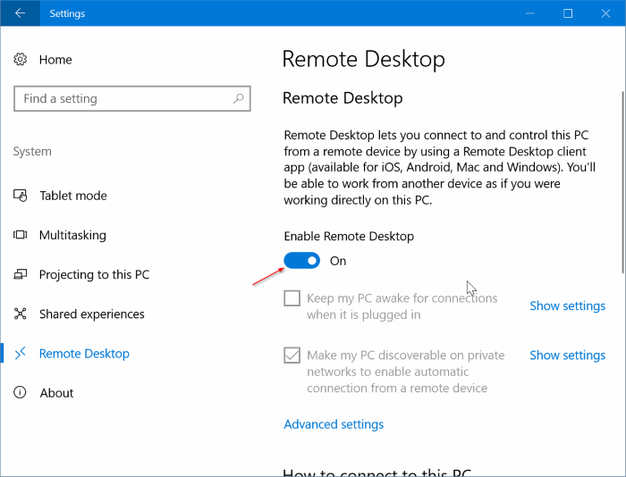 activer ou désactiver le bureau à distance dans Windows 10 pic3
