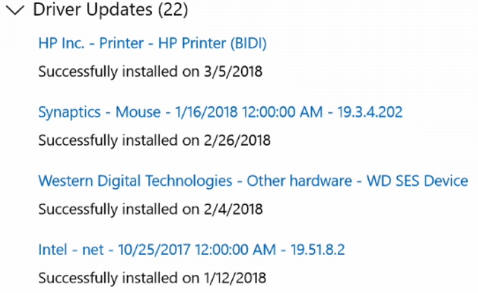 afficher les mises à jour de pilotes récemment installées dans Windows 10 pic01