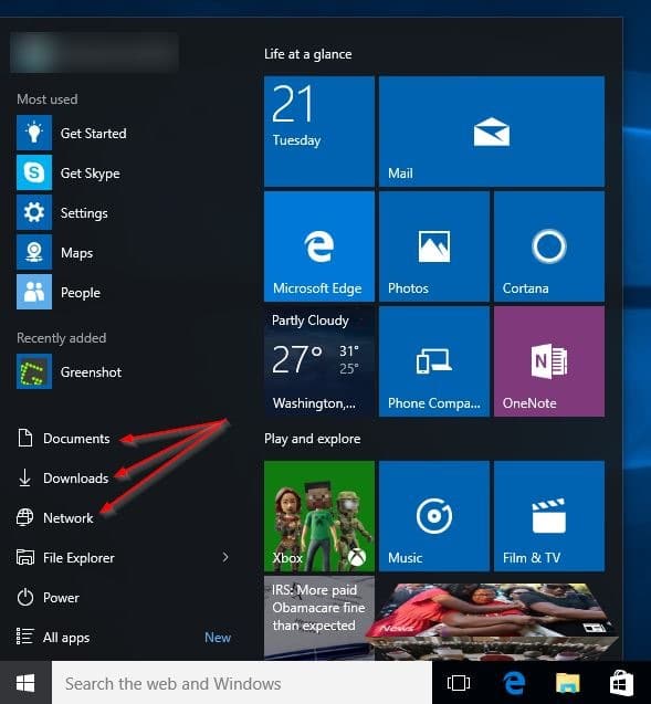 ajouter des téléchargements et des documents pour lancer le menu Windows 10