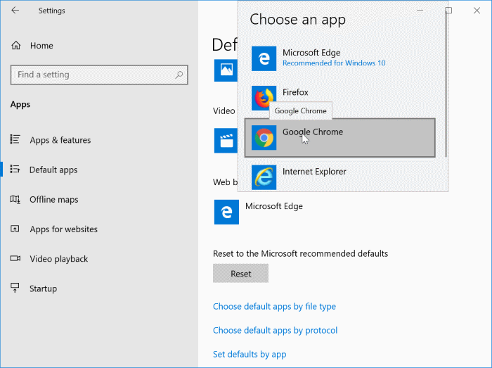 définir Google Chrome comme navigateur par défaut dans Windows 10