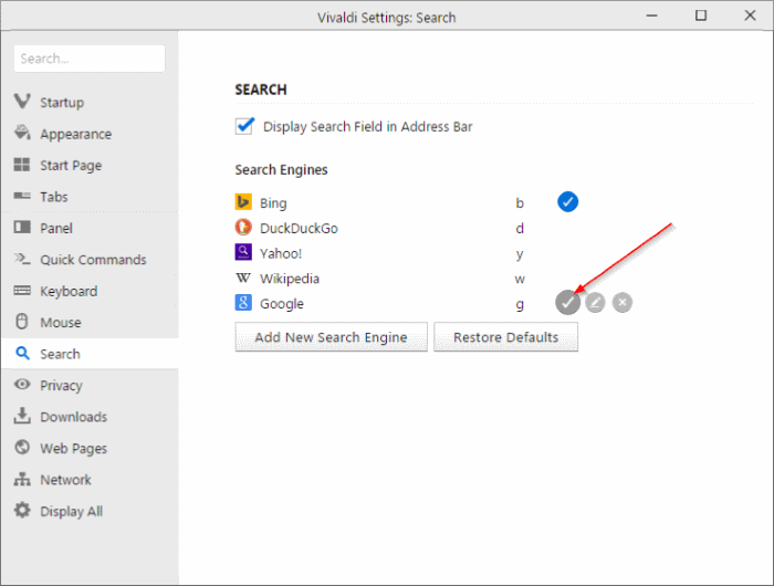 Définir Google comme moteur de recherche par défaut dans le navigateur Vivaldi pic2
