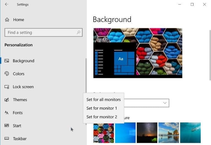 définir un fond d'écran différent pour le deuxième moniteur dans Windows 10
